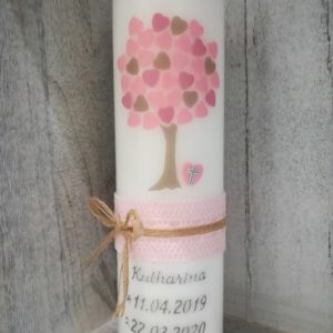 Taufkerze Lebensbaum Herzen rosa-taupe mit Spitze und Bänder, modern, individuell, auch in Ihren Wunschfarben möglich, für Mädchen hier Online bestellen!