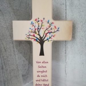 Kinderkreuz aus Holz " Von allen Seiten umgibst du mich..." Für Mädchen und Jungen kaufen. Taufkreuz aus Holz mit Spruch mit Lebensbaum, Regenbogenfarben.