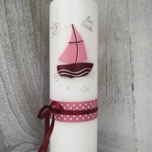 Taufkerze Boot altrosa altrot für Mädchen, modern, individuell, personalisiert, auch nach Wunsch! In Neuburg a.d. Donau kaufen oder hier bestellen!