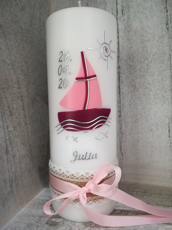 Firmkerze oder Tischkerze für Kommunion/Taufe mit rosa Boot in Neuburg an der Donau kaufen
