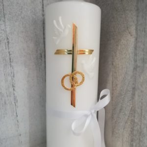 Hochzeitskerze goldfarbenes Kreuz und Eheringe, Taube und Satinband, personalisiert mit Namen und Datum, schlicht, modern, elegant, hier bestellen!