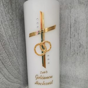 Hochzeitskerze goldfarbenes Kreuz und Eheringe, personalisiert, individuell, schlicht, modern in Neuburg an der Donau kaufen oder hier Online bestellen!