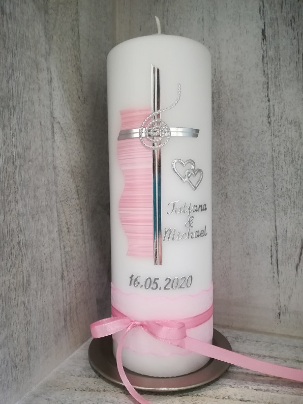 Hochzeitskerze rosa Welle mit silberfarbenes Kreuz, Herzen, Bänder, personalisiert, für Standesamt oder kirchliche Trauung hier bestellen!