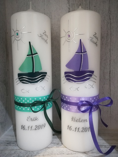 Schönes, modernes Set Taufkerzen Zwillinge Boote mint lila, für Mädchen und/oder Jungen, personalisiert, auch in Ihren Wunschfarben, hier kaufen!