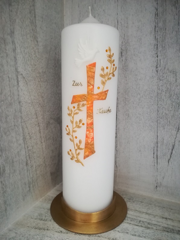 Taufkerze orangenes Kreuz mit Ranken und Glitzersteine für Mädchen oder Jungen, personalisiert, auch nach Wunsch hier bestellen!