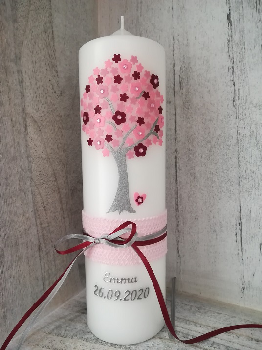 Taufkerze Lebensbaum Blumen rosa-silberfarben mit Bänder und Spitze, personalisiert, modern, auch in Ihren Wunschfarben möglich, für Mädchen hier Bestellen!