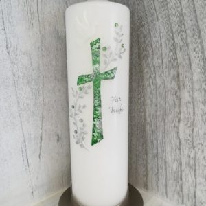 Taufkerze grünes Kreuz mit Ranken und Glitzersteine für Mädchen oder Jungen kaufen, personalisiert, individuell, nach Wunsch! Hier bestellen!